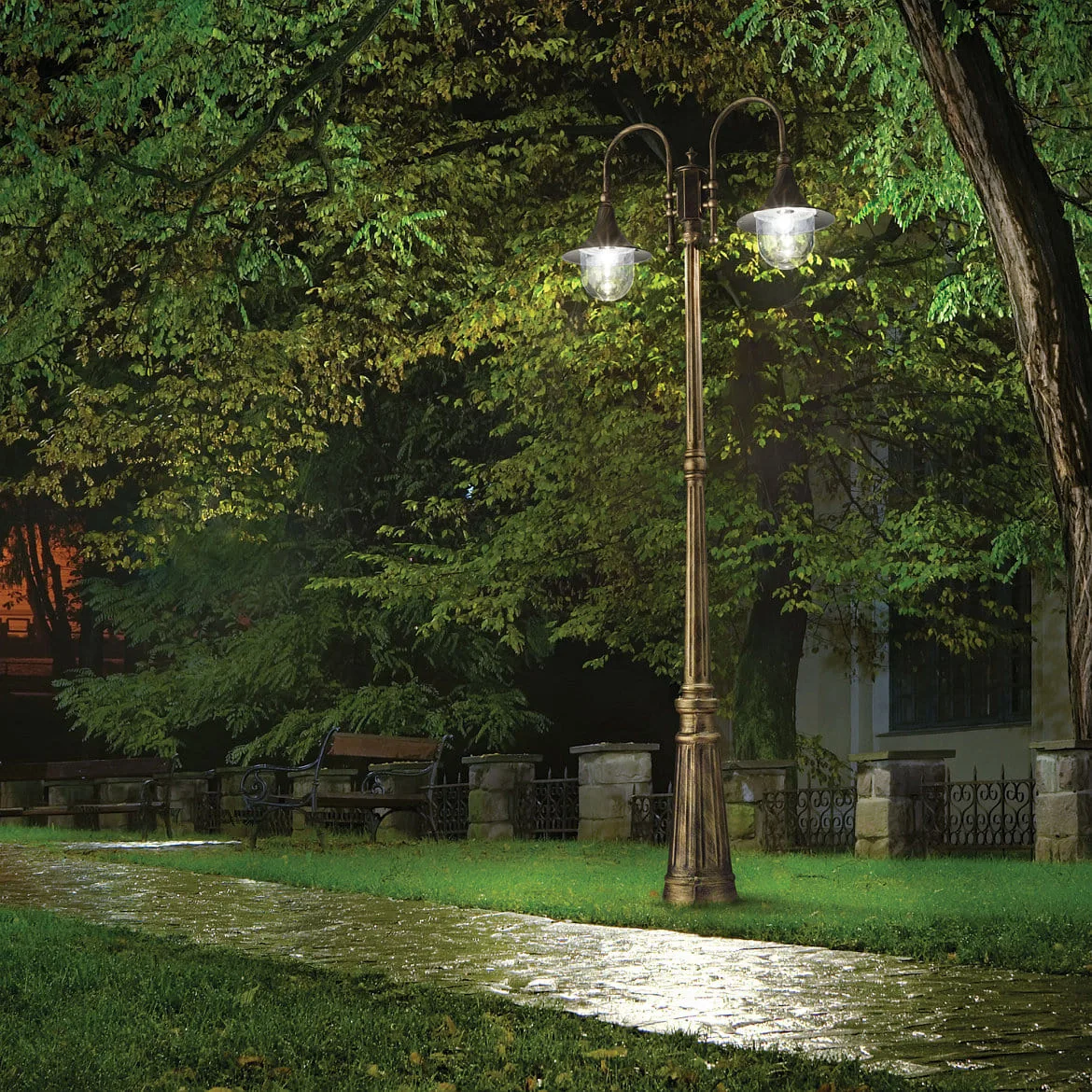 Ideal Lux Udendørslampe CIMA PT2 Standerlampe, 2-flammer, E27, sort/guld Ideal Lux Udendørslampe CIMA PT2 Standerlampe, 2-flammer, E27, sort/guld
