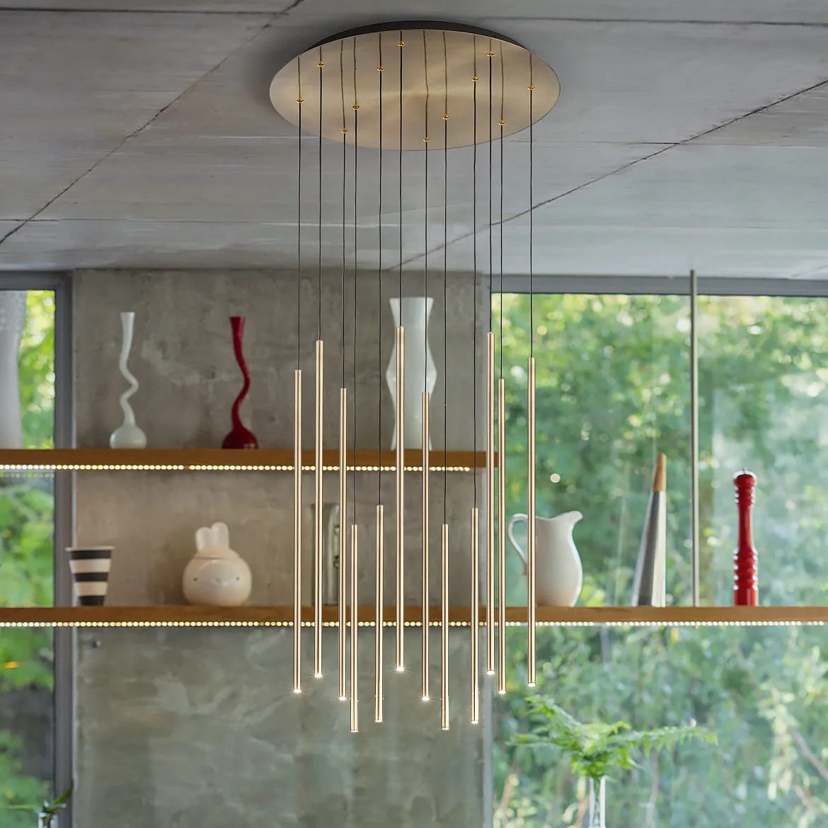Ideal Lux LED pendant luminaire FILO, 12-flame, adjustable height, 23W 3000K, satined brass Ideal Lux LED pendant luminaire FILO, 12-flame, adjustable height, 23W 3000K, satined brass