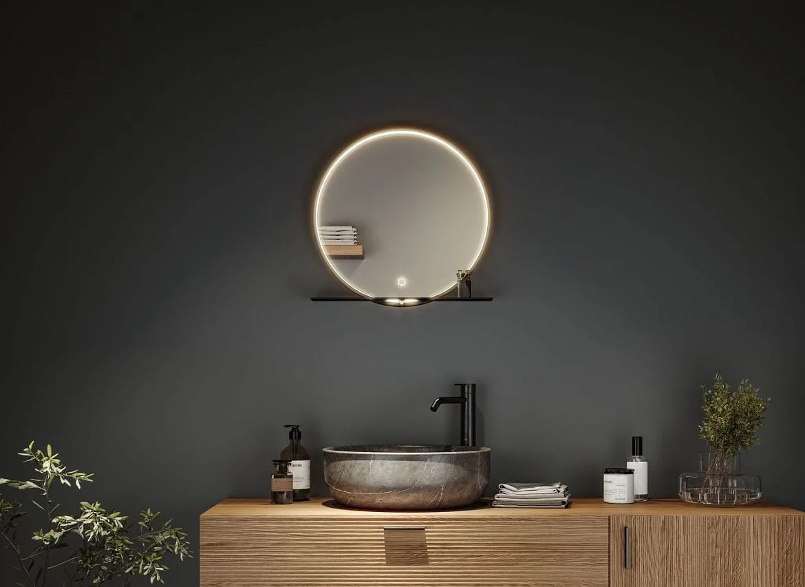Paulmann mirror with lighting MIRO Ø 50CM round, with frame, tunable white, with shelf IP44, black matt Paulmann mirror with lighting MIRO Ø 50CM round, with frame, tunable white, with shelf IP44, black matt