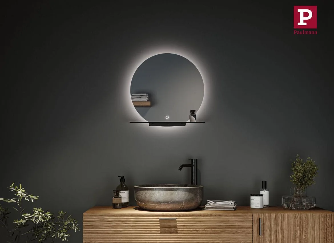 Paulmann mirror with lighting MIRO Ø 50CM round, without frame, tunable white, with shelf IP44, black matt Paulmann mirror with lighting MIRO Ø 50CM round, without frame, tunable white, with shelf IP44, black matt
