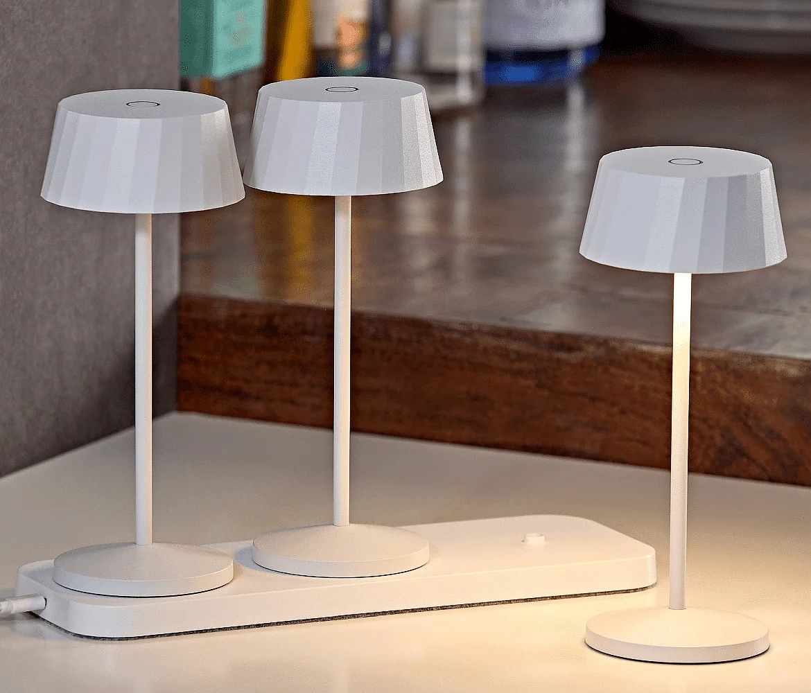 SIGOR Batteri bordlampe FACETTA down, CCT Switch, sæt med 3, med touch-dæmper IP44, snehvide dæmpbar SIGOR Batteri bordlampe FACETTA down, CCT Switch, sæt med 3, med touch-dæmper IP44, snehvide dæmpbar