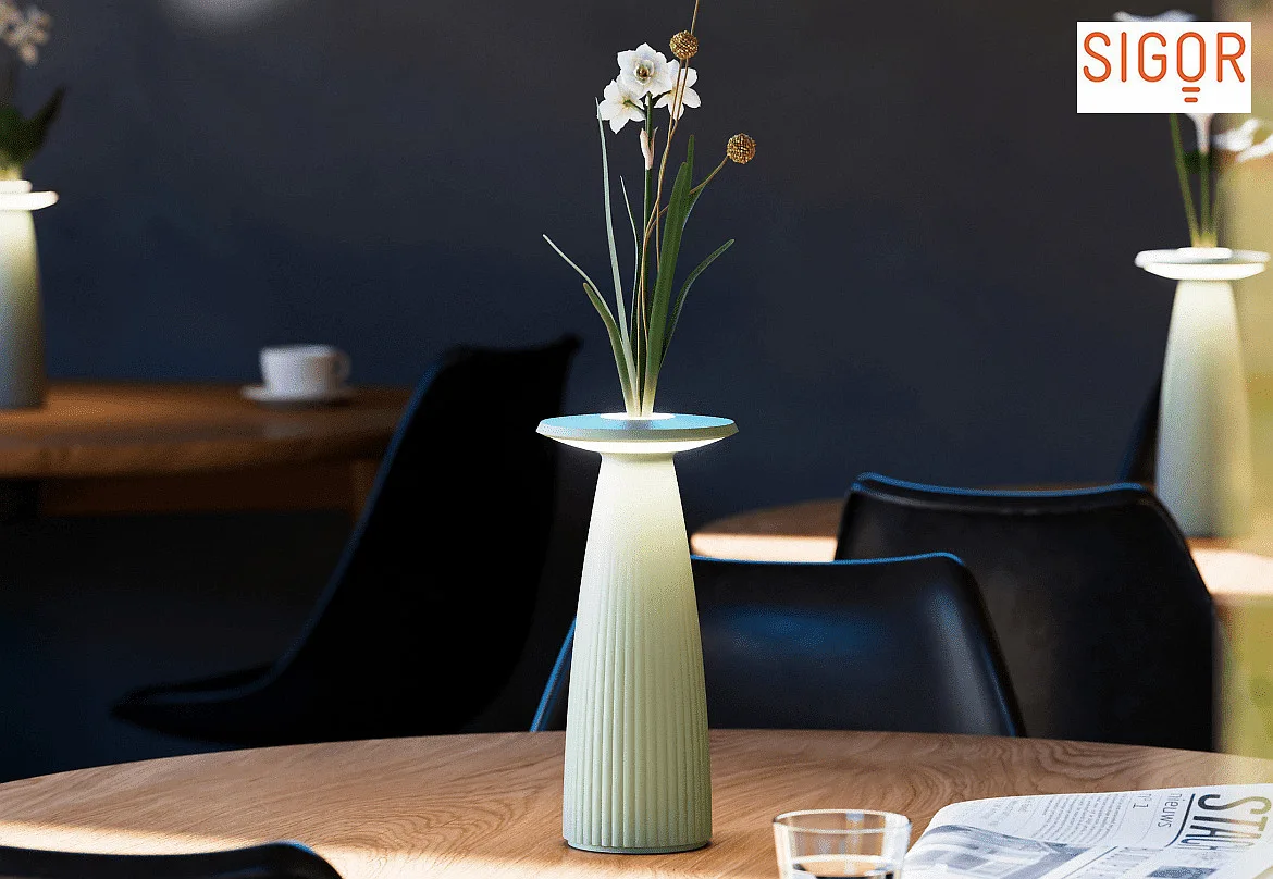 SIGOR Batteri bordlampe NUFLAIR CCT Switch, med touch-dæmper, perforeret IP54, salviegrøn dæmpbar SIGOR Batteri bordlampe NUFLAIR CCT Switch, med touch-dæmper, perforeret IP54, salviegrøn dæmpbar