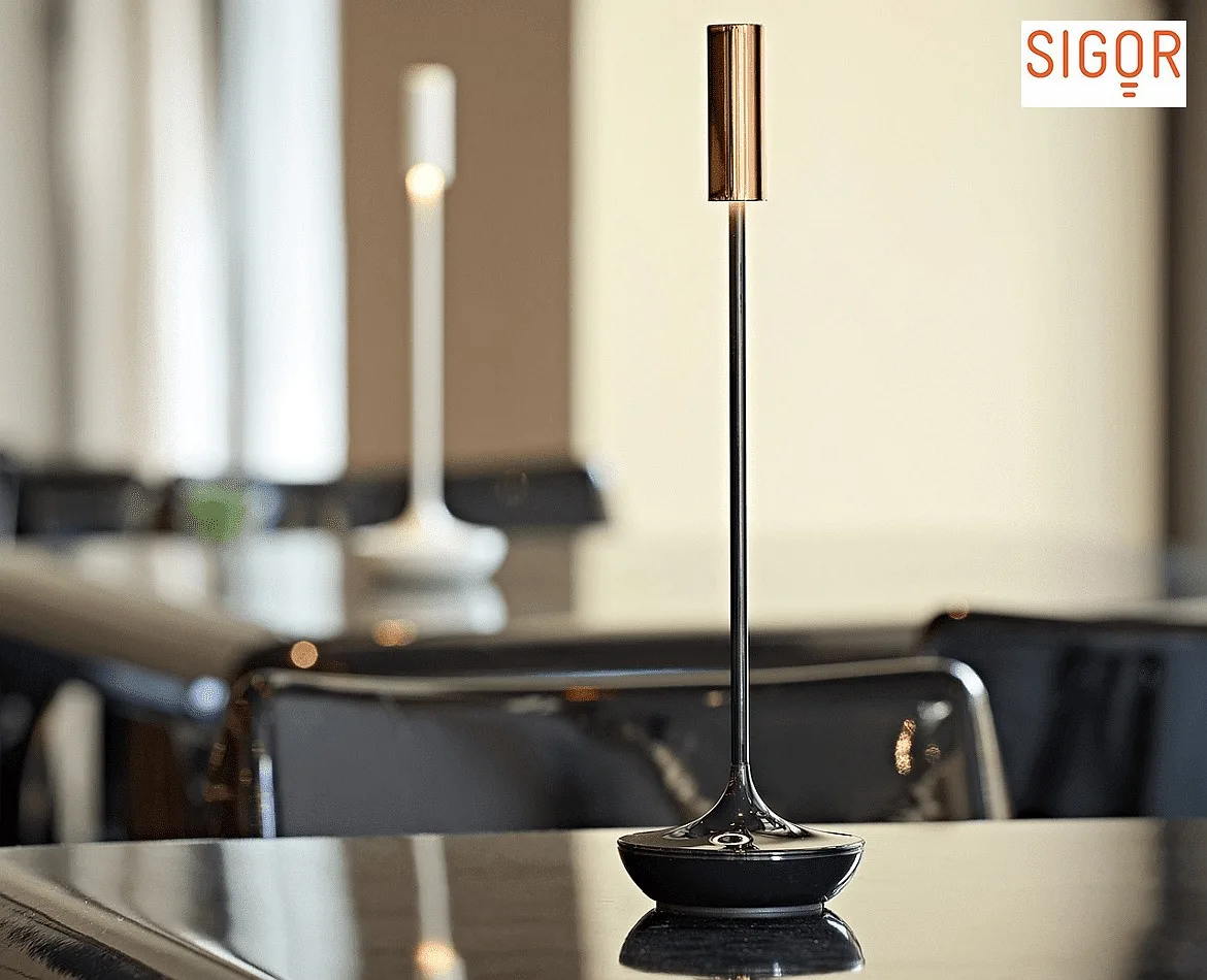SIGOR battery table lamp NUCANDLE with touch dimmer IP54, glossy, copper, black dimmable SIGOR battery table lamp NUCANDLE with touch dimmer IP54, glossy, copper, black dimmable