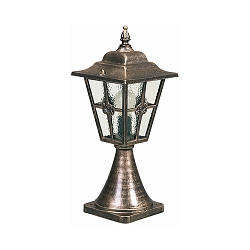 Pedestal luminaire Country style Cross brace Type No. 0532, 55cm, IP23, E27, cast alu, cathedralglass clear, brown brass