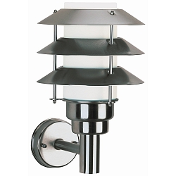 Outdoor Wall luminaire Type No. 0216, with 3 Pagoda roofs, IP44, E27 QA55 max. 57W, stainless steel / opal glass