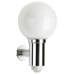 Udend�rs V�glampe med bev�gelsesdetektor + Kugle sk�rm � 20cm (Type nr. 0224), IP44, E27 QA55 57W, rustfrit st�l / glas