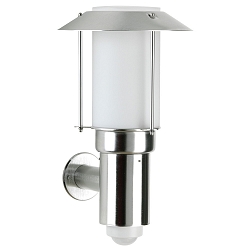 Udend�rs V�glampe Type nr. 0238, med bev�gelsesdetektor + Pagoda tag, IP44, E27 QA55 maks. 57W, rustfrit st�l / Opalglas