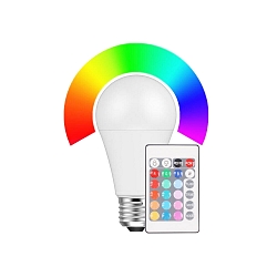 LED Lyskilde p�reformet E27, 9W RGB + 2700K 810lm 200�, d�mpbar, med fjernbetjening