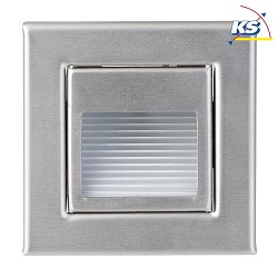Recessed LED wall luminaire, IP20, square, 8.5x8.5cm, partial cover + staircase reflector, 230V, 1.2W 3000K 40lm, inox / clear