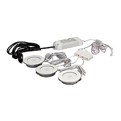 Recessed LED furniture Downlight set, 3pc. + transformer + distributor, IP20, � 7cm, Plug&Play +G156:G205W 3000K 125lm, alu