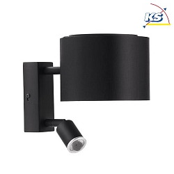 Wall luminaire with textile shade + swivelling 3W LED Spot, outreach 22cm, G9, with cord switch, powder black / chintz black
