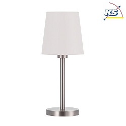 Table lamp with textile shade, height 42cm /  17cm, E27 max. 60W, with cord switch, matt nickel / chintz raw white
