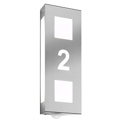 Belyst husnummer AQUA TRILO SENSOR - HOUSE NR CUTTED 2-fold, f�rdiglavet, med bev�gelsesdetektor E27 IP44, rustfrit st�l