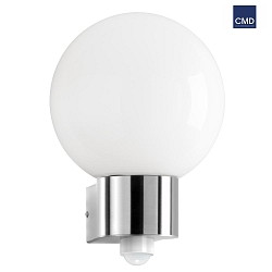 Outdoor wall luminaire AQUA BALL with motion detector, IP44, E27, stainless steel / opal glass