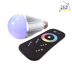 LED RGB Lyskilde LED E27 RF RGBW med fjernbetjening, 100-240V AC/50-60Hz, E27 8W, slv matt