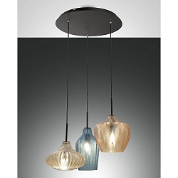 Pendel OLBIA 3-flammer E27 IP20, rav, azur, champagne, sort