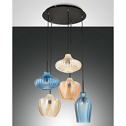 Pendel OLBIA 5-flammer E27 IP20, rav, azur, champagne, sort