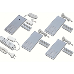 Set of 4 LED L-Pad 7.5W 3000K with IR dimmer + LED transformer 24/15W/30W, alu anodised