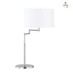 Table lamp LOOP, variable height, with hinge-outrigger & cable switch, E27, matt nickel / white chintz shade