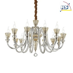 Chandelier STRAUSS, 12 flames,  84.5cm, E14, rose gold / clear glass / amber chrystal glass