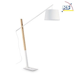 Floor luminaire EMINENT, height 230cm, E27, with switch, metal / wood / fabric shade, white
