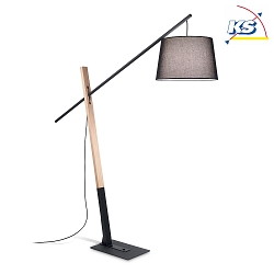 Floor luminaire EMINENT, height 230cm, E27, with switch, metal / wood / fabric shade, black