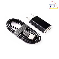 USB Plug-in strmforsyning 5V DC, 100cmmA med Mikro USB kabel, sort