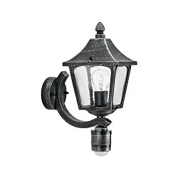 Udendørs Væglampe Landstil firkantet Type nr. 1822 med Bevægelsessensor, IP44, E27, Støbt aluminium / Hult glas klar, sort