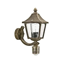 Udendørs Væglampe Landstil firkantet Type nr. 1822 med Bevægelsessensor, IP44, E27, Støbt alu / glas, brun-messing matt