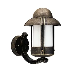 Udendørs Væglampe Landstil Natvagt Type nr. 1840, stående med beslag, IP44, E27 QA55, Støbt aluminium / Opal, brun-messing