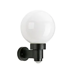 Udendørs Væglampe Type nr. 0257 med bevægelsesdetektor, med Opalglas Kugle Ø 25cm, E27, sort