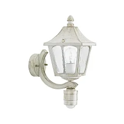 Udendørs Væglampe Landstil firkantet Type nr. 1822 med Bevægelsessensor, IP44, E27, Støbt alu / Hult glas klar, hvid-guld