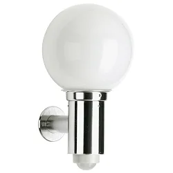 Udendørs Væglampe med bevægelsesdetektor + Kugle skærm Ø 20cm (Type nr. 0224), IP44, E27 QA55 57W, rustfrit stål / glas