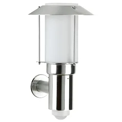 Udendørs Væglampe Type nr. 0238, med bevægelsesdetektor + Pagoda tag, IP44, E27 QA55 maks. 57W, rustfrit stål / Opalglas