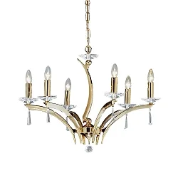 Pendant luminaire STELLA, 6 flames, 6x E14 max. 40W, brass cast / crystal, gold
