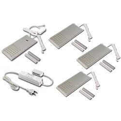 Set of 4 LED L-Pad 7.5W 3000K, with IR dimmer + LED transformer 24/15W/30W, stainless steel optic