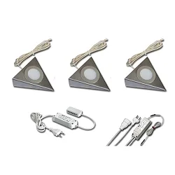 Sæt af 3 LED DreiHjørne Skab armatur UL 2-LED F, med EBS 4 kontakt + Transformer LED-24 / 15W, rustfrit stål, 3W 4000K