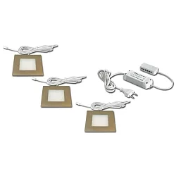 Sæt af 3 LED Indbygningslampe FQ 68-LED, firkantet, inkl. LED Transformer LED-24 / 15W, 4W 3000K, rustfrit stål