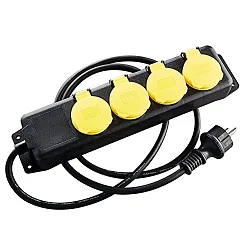 Socket, IP44, 1,5m connection cable, spring hinged cover, black/yellow, 4-fold