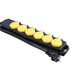 Socket, IP44, 1,5m tilslutningskabel, Fjederhængslet låg, sort/gul, 6 gange