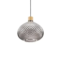 Pendant luminaire BERGEN 3, Ø 30cm / H 27cm, E27, smoked relief glass / wood / black