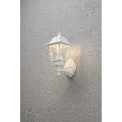 Wall luminaire, 1-flame UP, SMALL, IP23, E27 max. 60W, E27 max. 60W, white aluminium / clear glass