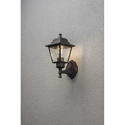 Wall luminaire, 1-flame UP, SMALL, IP23, E27 max. 60W, E27 max. 60W, black aluminium / clear glass