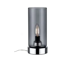 Bordlampe PINJA cylindrisk, med afbryder E14, chrom, røgfarver dæmpbar