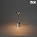 Konstsmide battery table lamp CASSIS with USB connection, with touch dimmer IP54, polished aluminium, silver dimmable