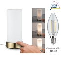 Paulmann table lamp PINJA cylindrical, with switch E14, brushed brass, opal white dimmable